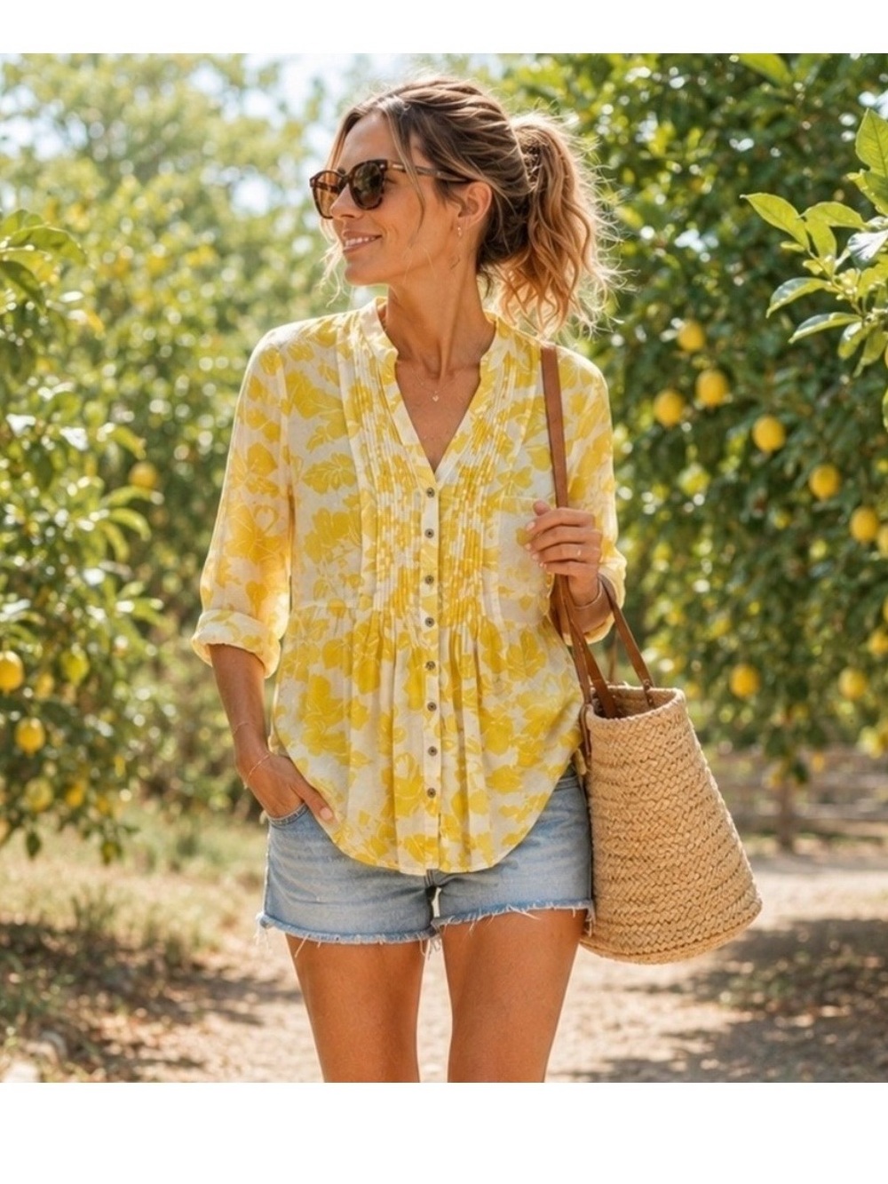 Anthropologie Maeve 100% Cotton Yellow and Ivory floral pintuck blouse. Size 6
